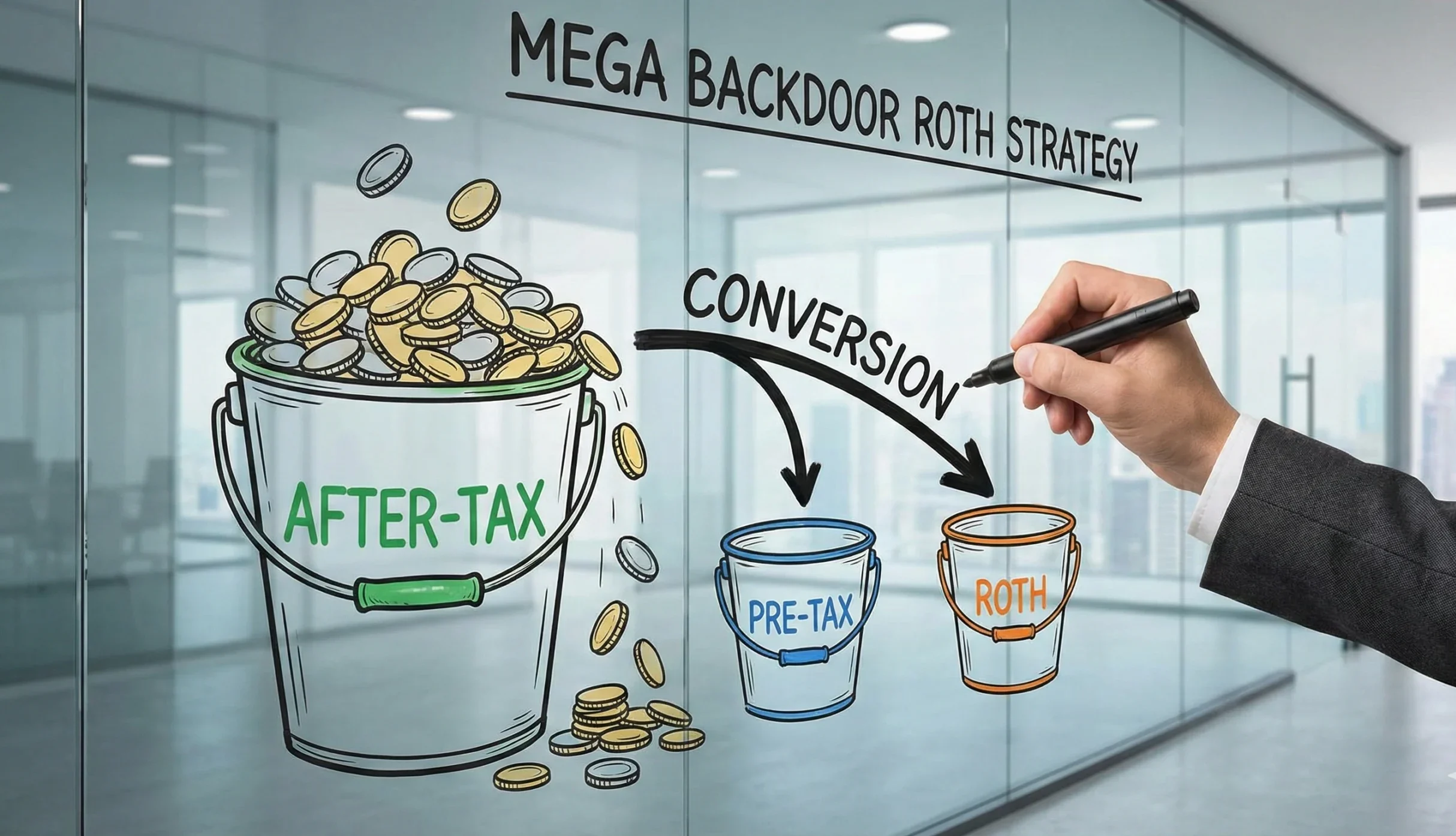 Flowchart illustrating the Mega Backdoor Roth conversion process from After-Tax to Roth