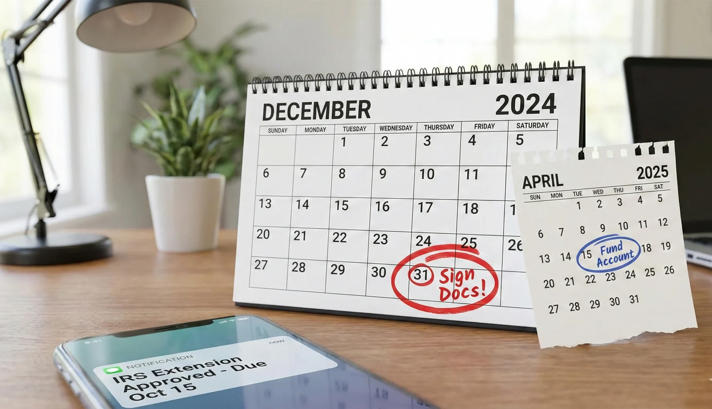 Calendar showing Solo 401k deadlines for December and April