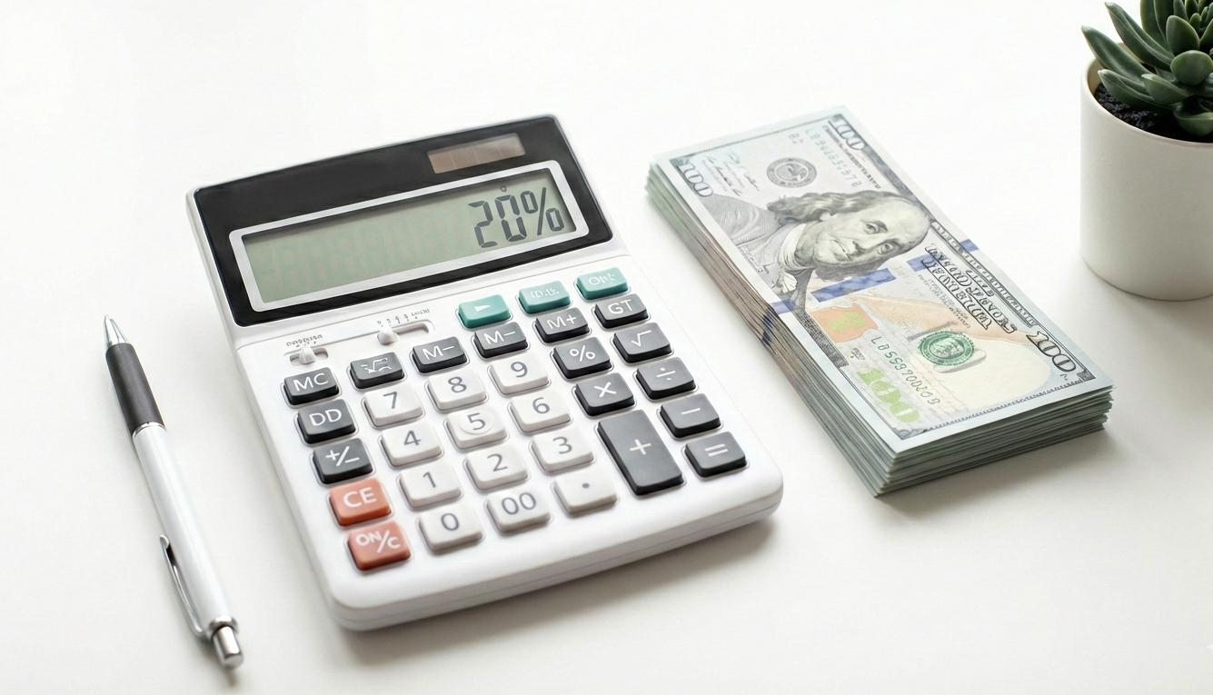 Calculator showing 20% deduction and money