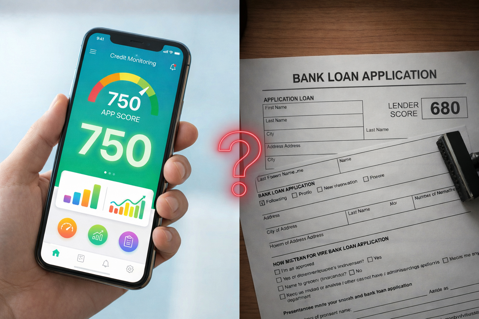 Split screen comparison visualization showing a smartphone app displaying a VantageScore of 750 (Excellent) versus a printed bank document displaying a FICO Score of 680 (Good), with a red question mark in between.