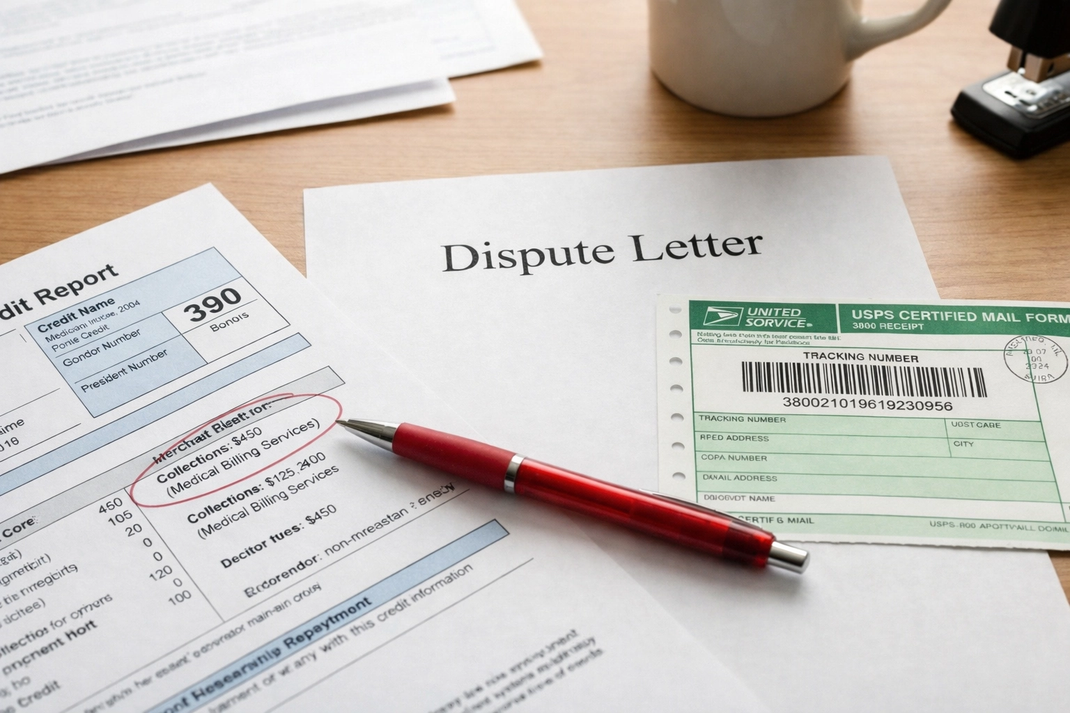 Desk setup for DIY credit repair showing a dispute letter, certified mail receipt, and a credit report with negative items circled