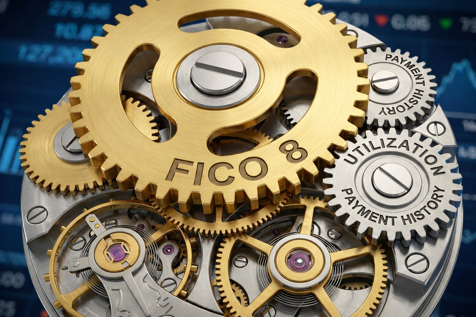 Complex gears of a clock representing the inner workings of the FICO credit score algorithm