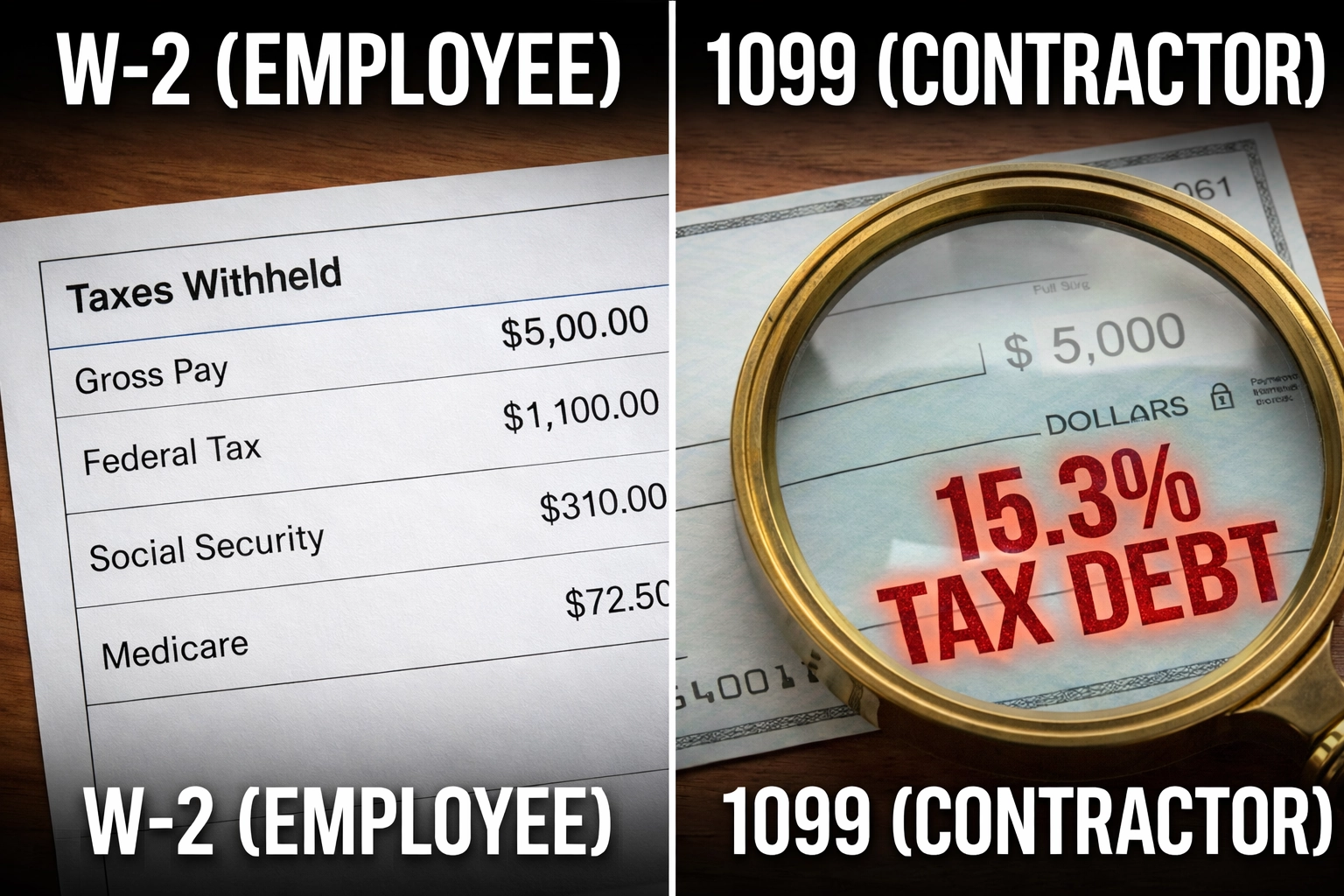 Comparison of a W-2 paycheck with withheld taxes versus a 1099 check where a magnifying glass reveals a hidden 15.3% tax liability