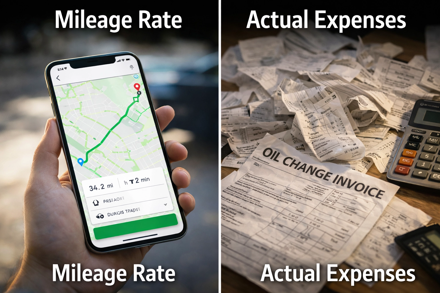 Split-screen comparison: Smartphone app tracking mileage vs a pile of crumpled receipts for actual car expenses