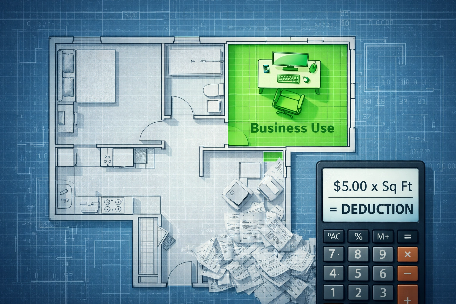 Top-down floor plan visualizing home office deduction: Green zone (Business Use) vs Gray zone (Personal Use)