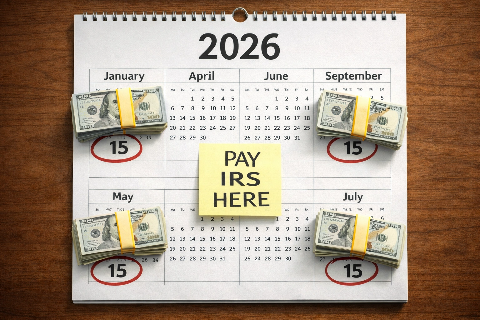 Creative flat-lay of a calendar with circled tax due dates (Apr 15, Jun 15, Sep 15, Jan 15) and money stacks on each date