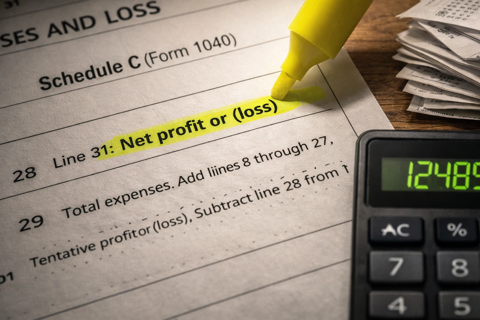 Close-up of IRS Schedule C form with Line 31 Net Profit highlighted, next to a calculator and receipts