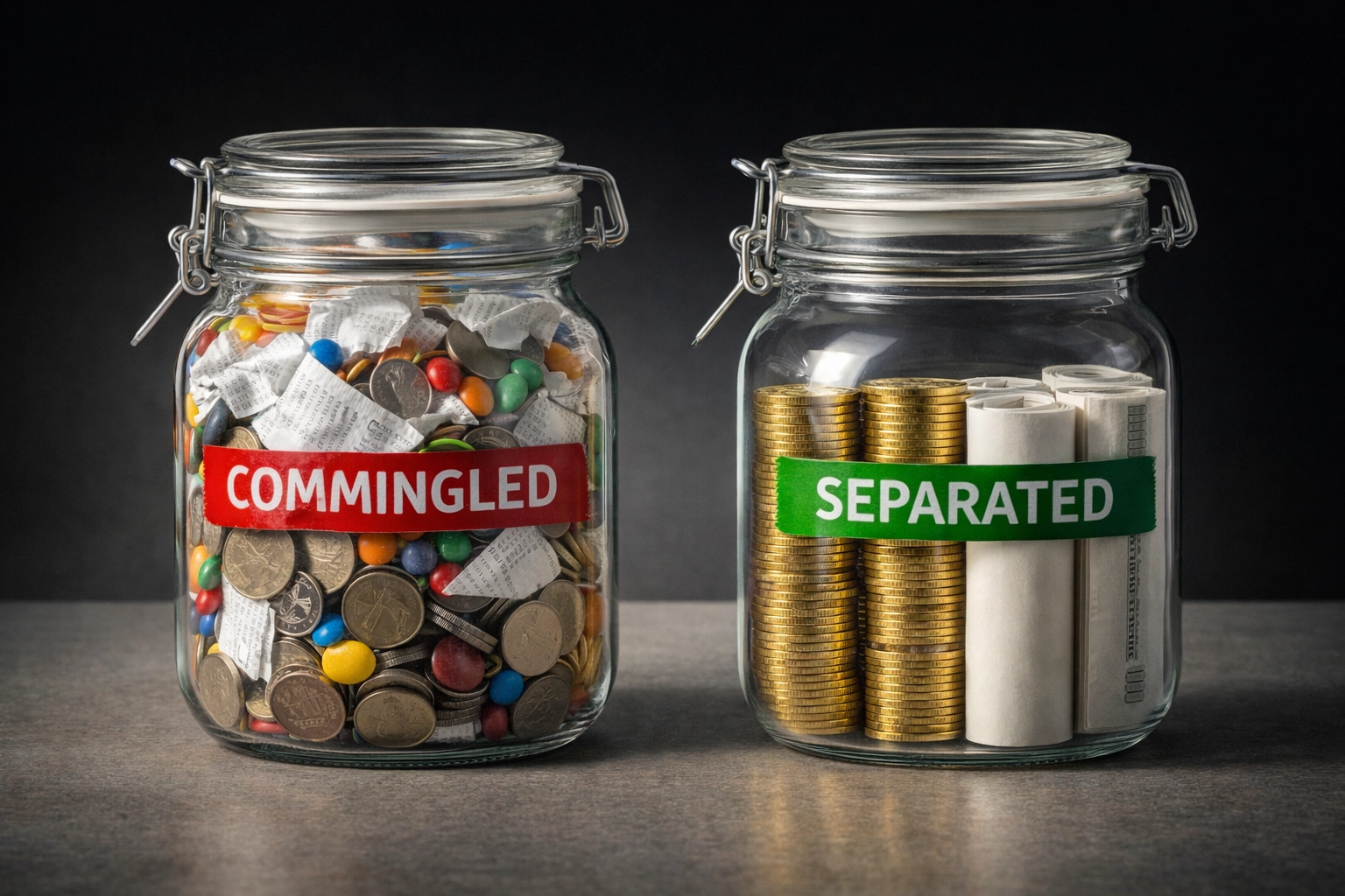 Conceptual visualization of finances: Left jar (Commingled) is messy with candy and receipts; Right jar (Separated) is clean with stacked coins