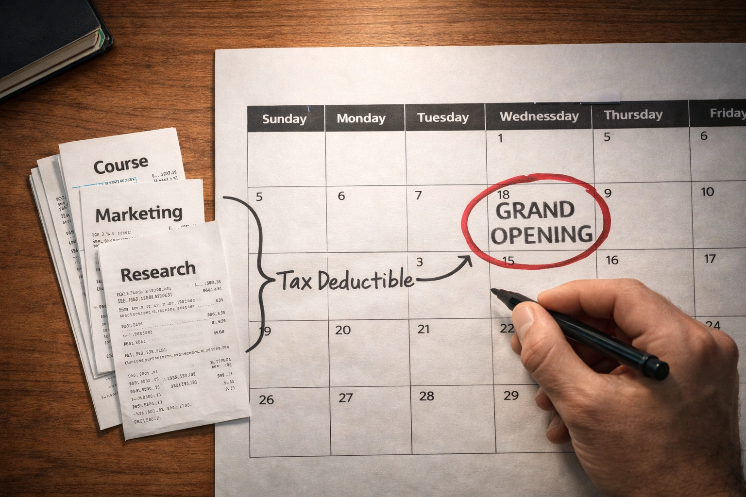 Creative flat-lay timeline: Calendar showing 'Grand Opening' date, with receipts for research and marketing placed before that date