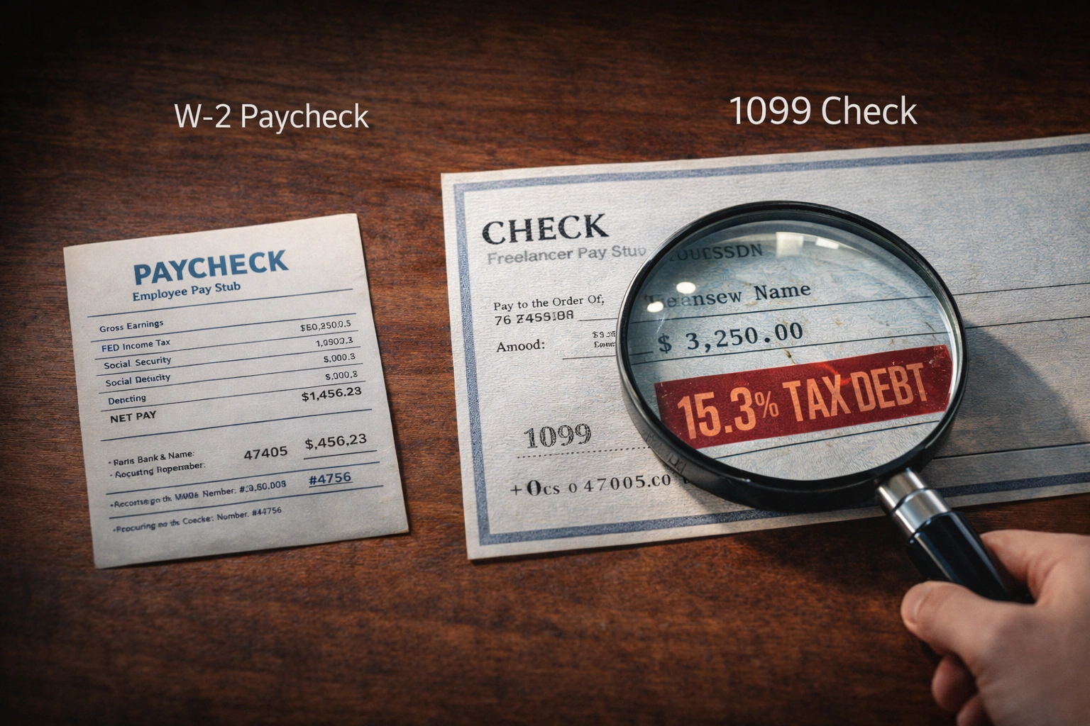 Visual comparison of a shrinking W-2 paycheck versus a full 1099 check with a hidden tax bomb attached