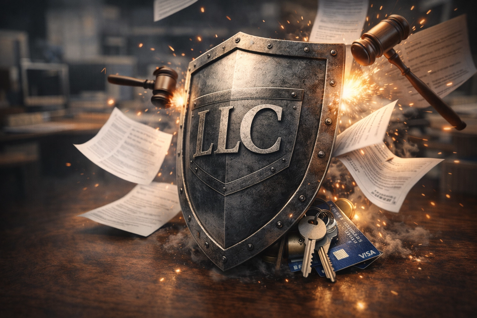 A shield labeled 'LLC' protecting assets vs a generic person labeled 'Sole Prop' exposed to risk