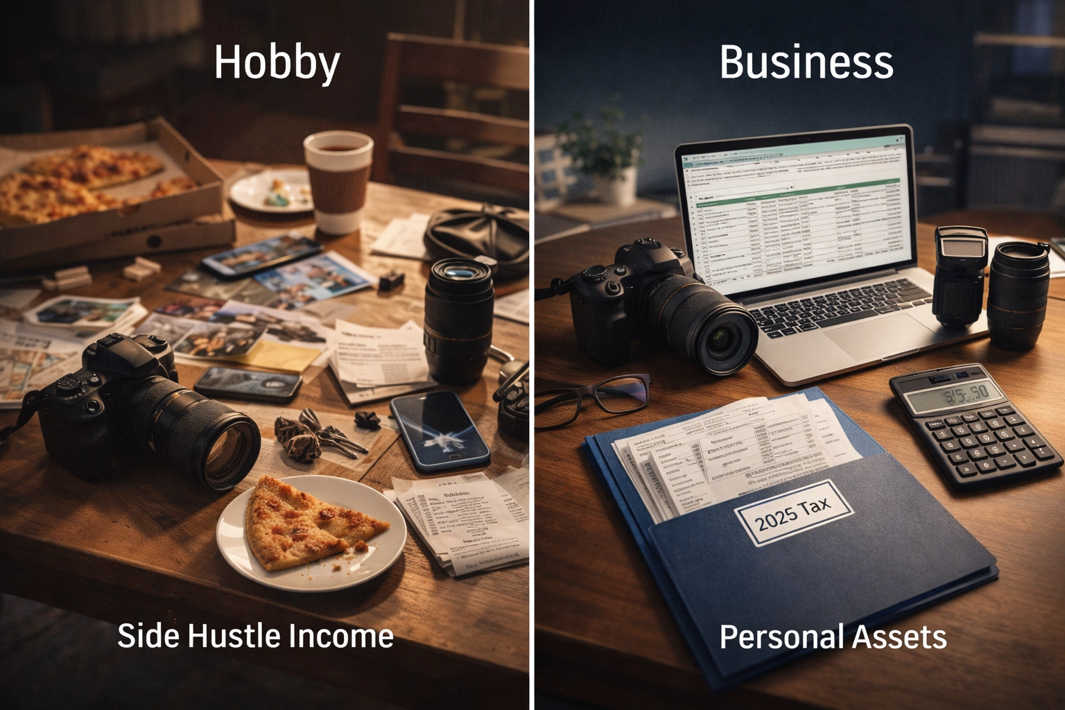 Visual comparison: A messy table representing a Hobby vs a neat desk with ledgers representing a Business