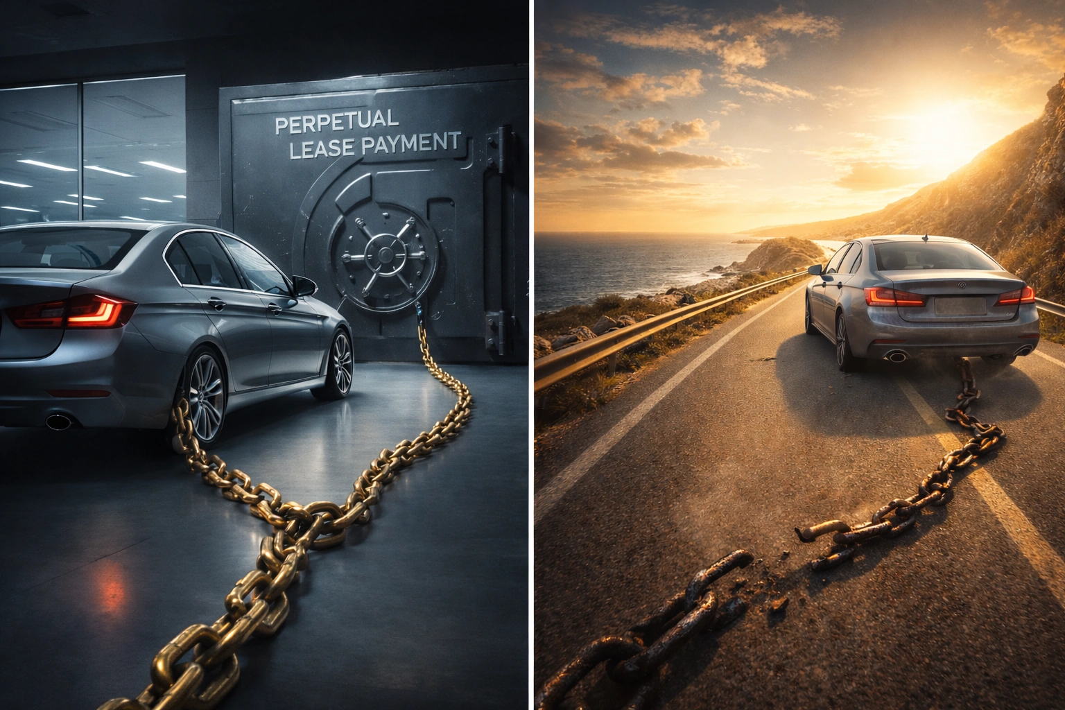 Conceptual illustration comparing a leased car chained to a bank versus an owned car driving freely.