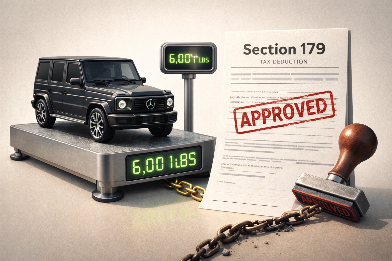 Conceptual illustration of a heavy SUV on a scale weighing over 6,000 lbs, with a tax deduction stamp on it.