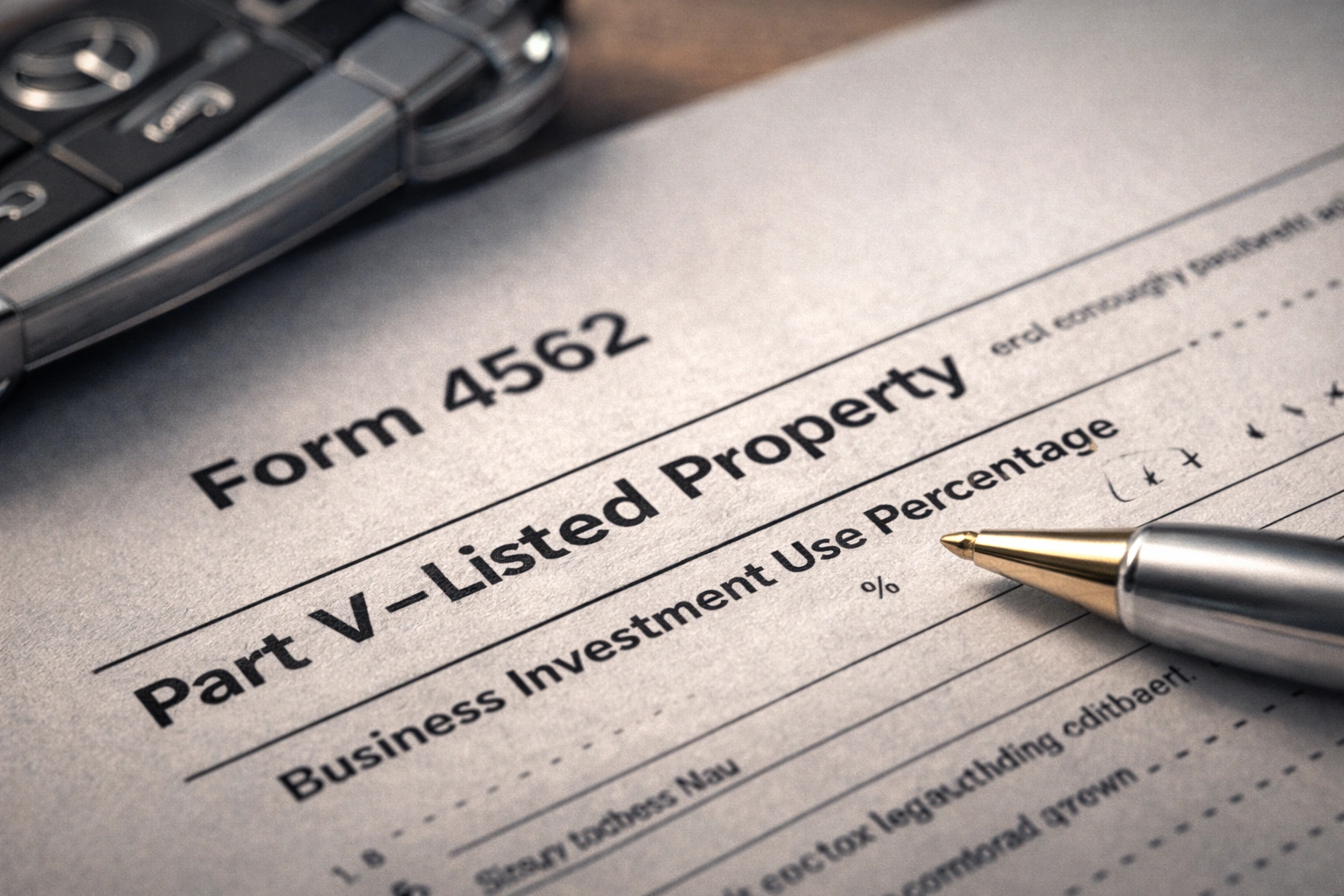 Close up of IRS Form 4562 'Depreciation and Amortization', highlighting Part V for Listed Property and automobiles.