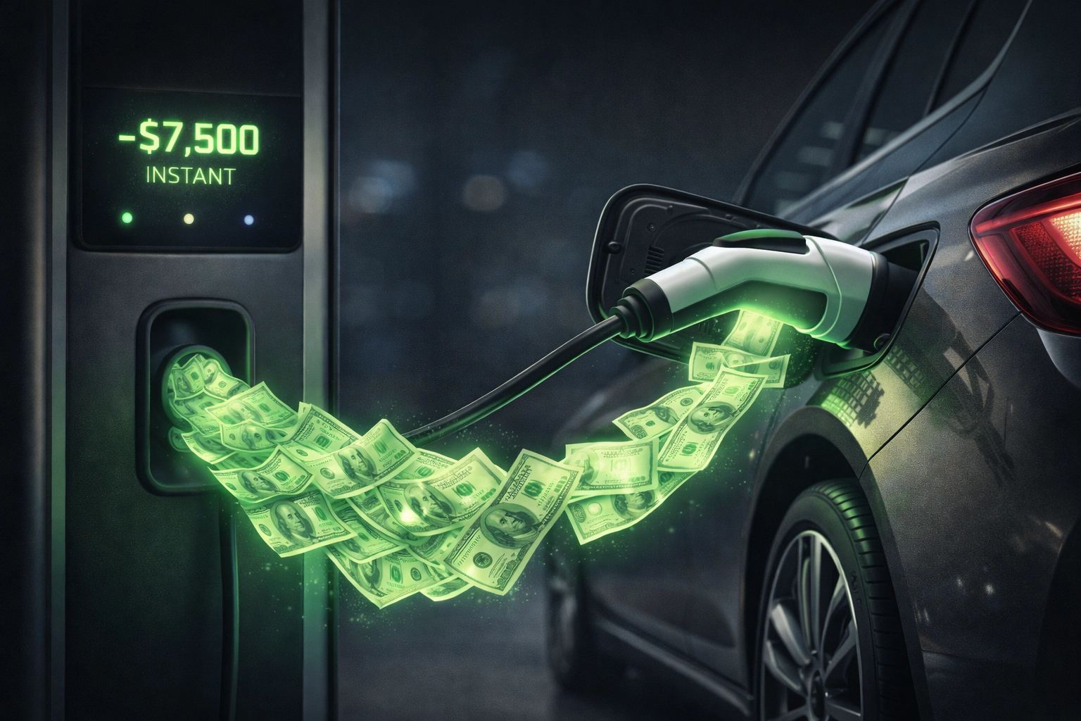 Conceptual illustration of an electric vehicle charger nozzle transforming into a stack of cash, symbolizing the immediate point-of-sale tax credit.