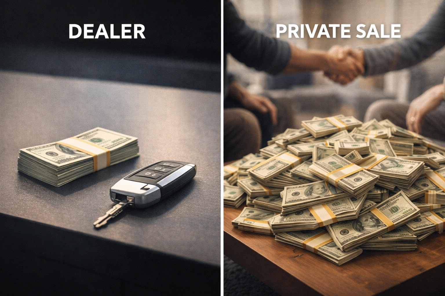 Conceptual illustration comparing a small stack of cash labeled 'Trade-In' versus a large stack labeled 'Private Sale', with a dealer smiling in the background.
