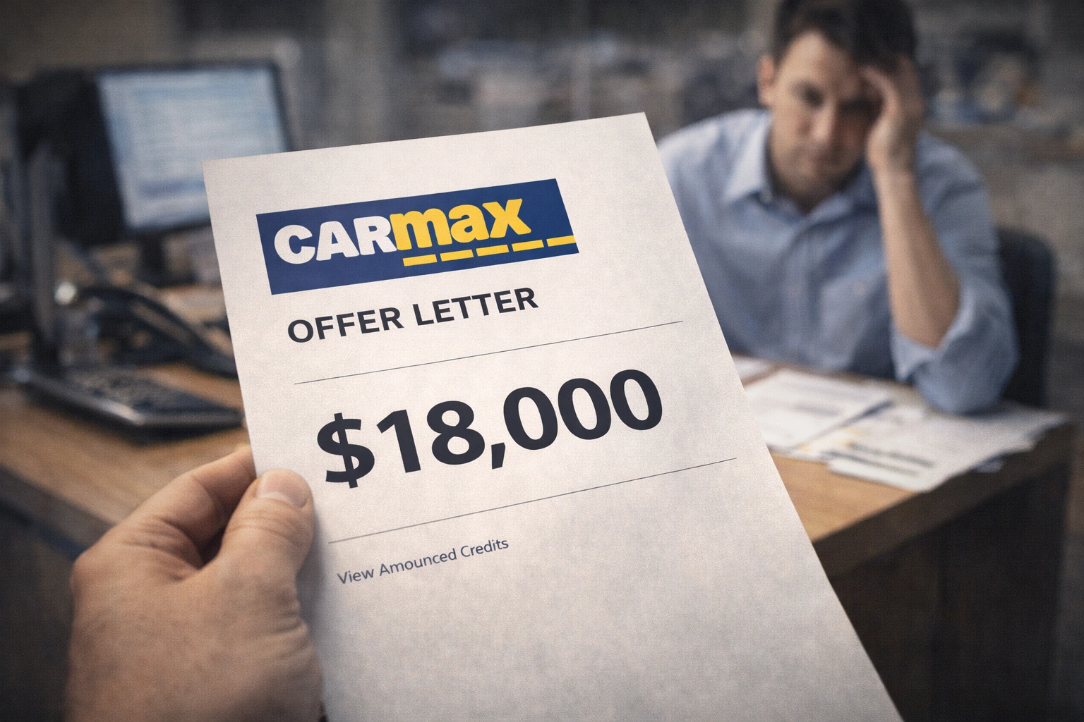 A hand holding a CarMax offer letter next to a dealership trade-in worksheet, highlighting the price difference.