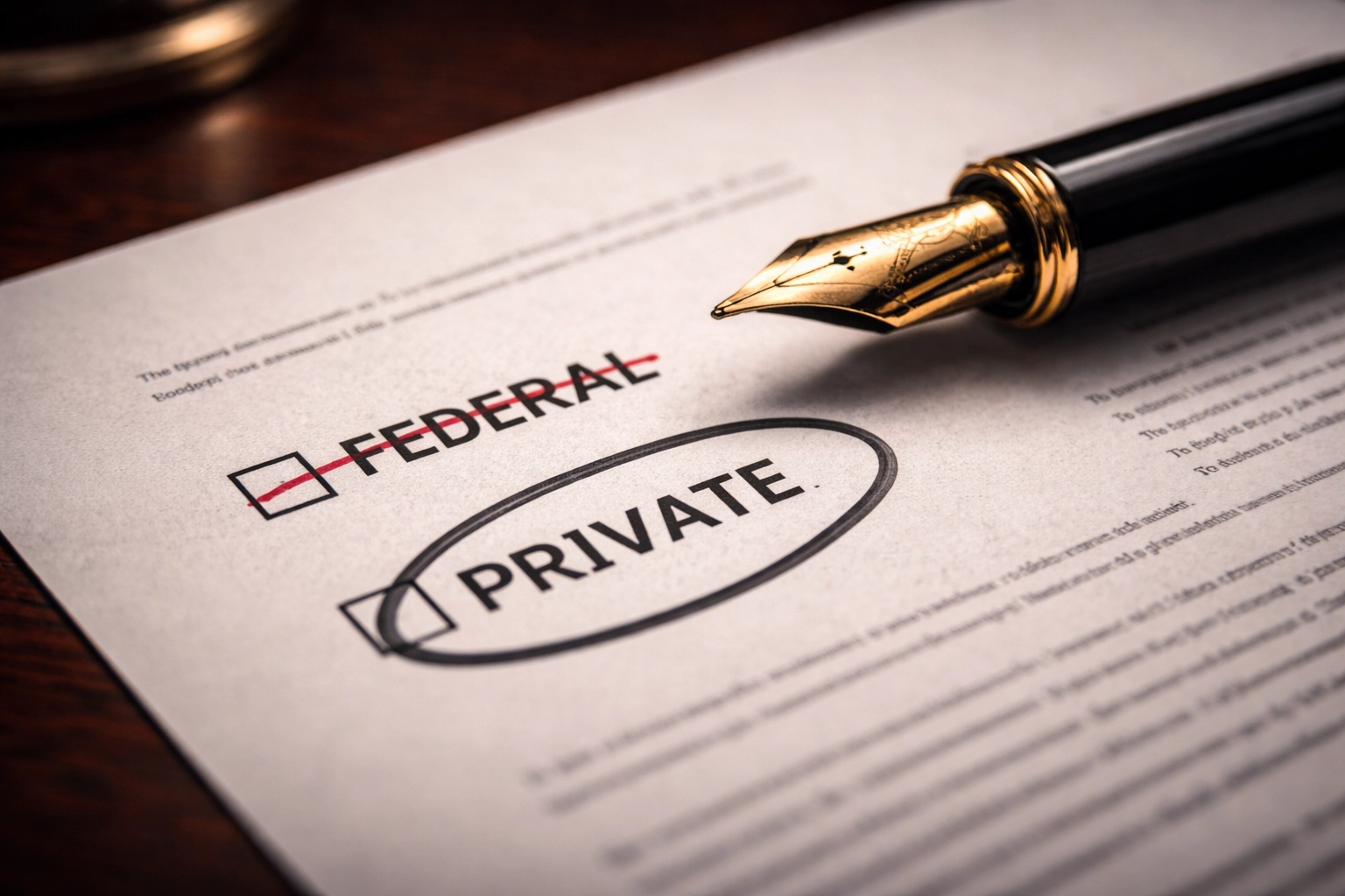 Photorealistic close-up of a fountain pen checking a box marked 'Private' on a legal document, with the word 'Federal' blurred in the background.