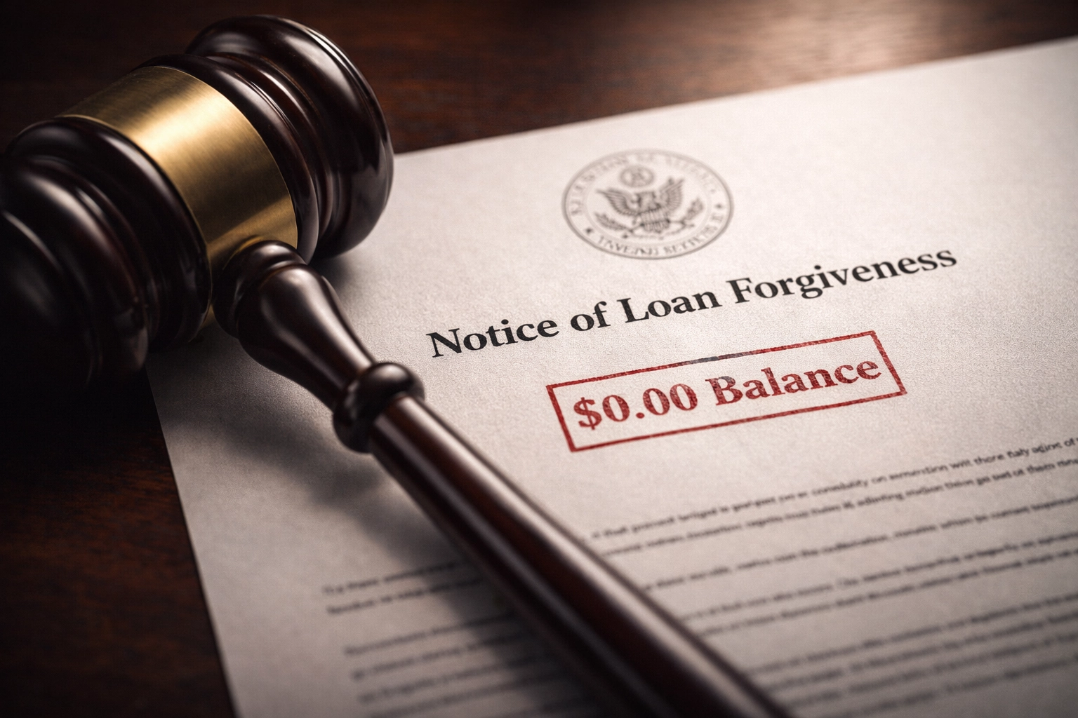 Photorealistic image of a heavy wooden judge's gavel resting next to a legally stamped document titled 'Notice of Loan Forgiveness' with a zero balance.