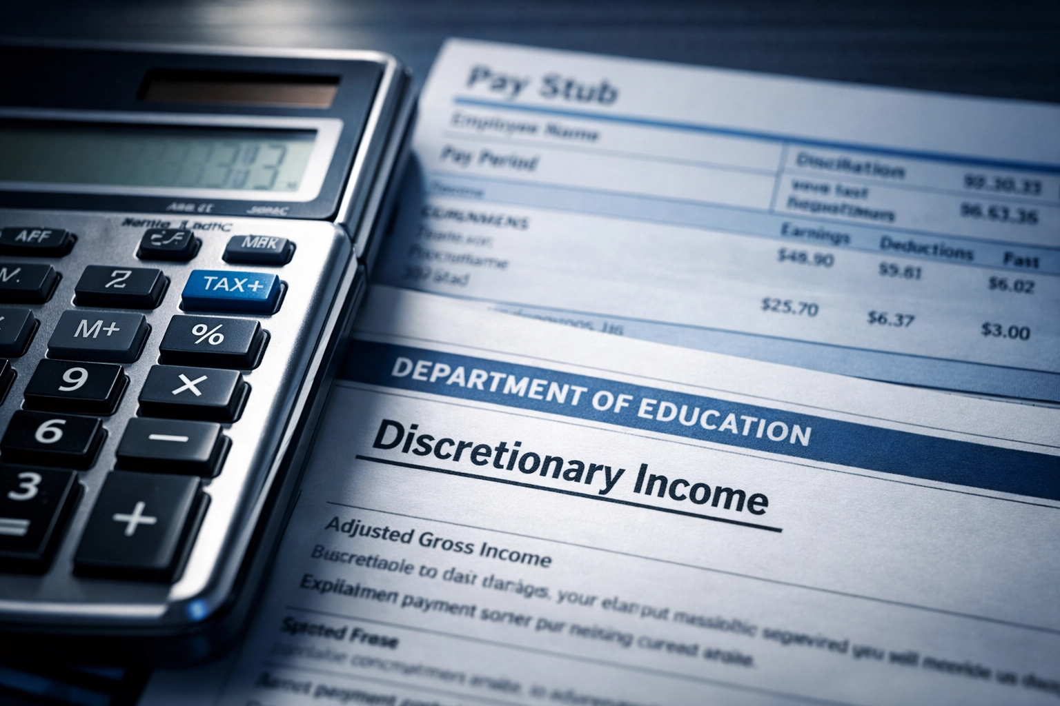 Photorealistic image of a calculator next to a pay stub and a Department of Education IDR application form, highlighting the words 'Discretionary Income'.