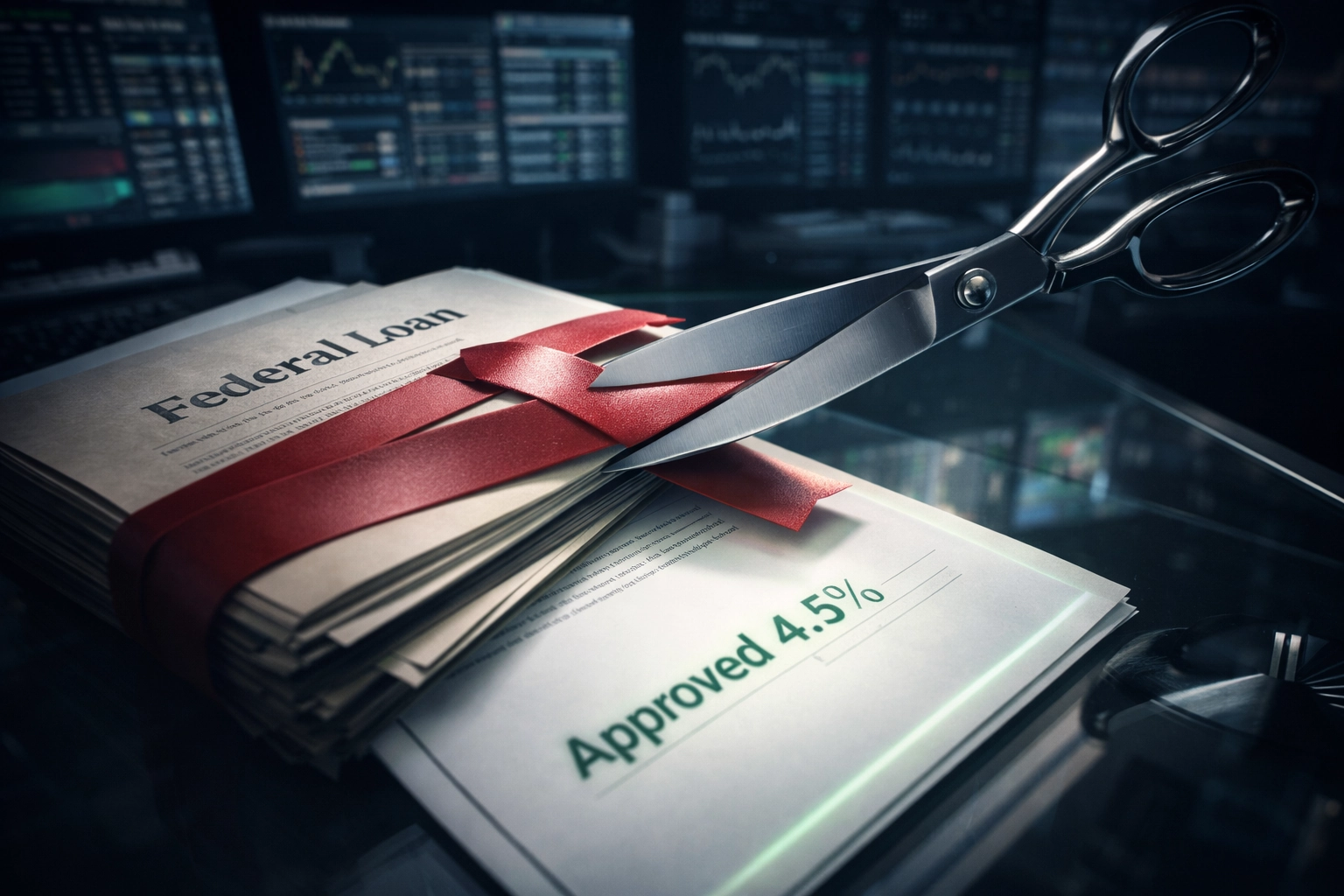 A photorealistic high-angle shot of a Wall Street trader's desk. A sharp pair of silver scissors is cutting through red tape that binds a stack of Federal Loan documents, with a glowing green 'Approved' private contract underneath.