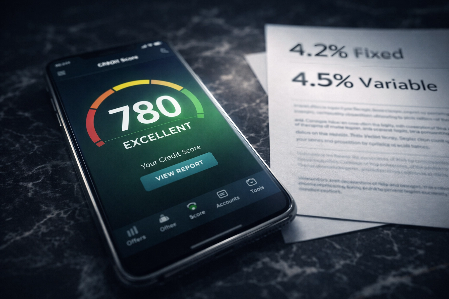 A close up of a smartphone displaying a credit score of 780 on a financial app, with multiple bank offers showing 4.2% and 4.5% interest rates in the background.