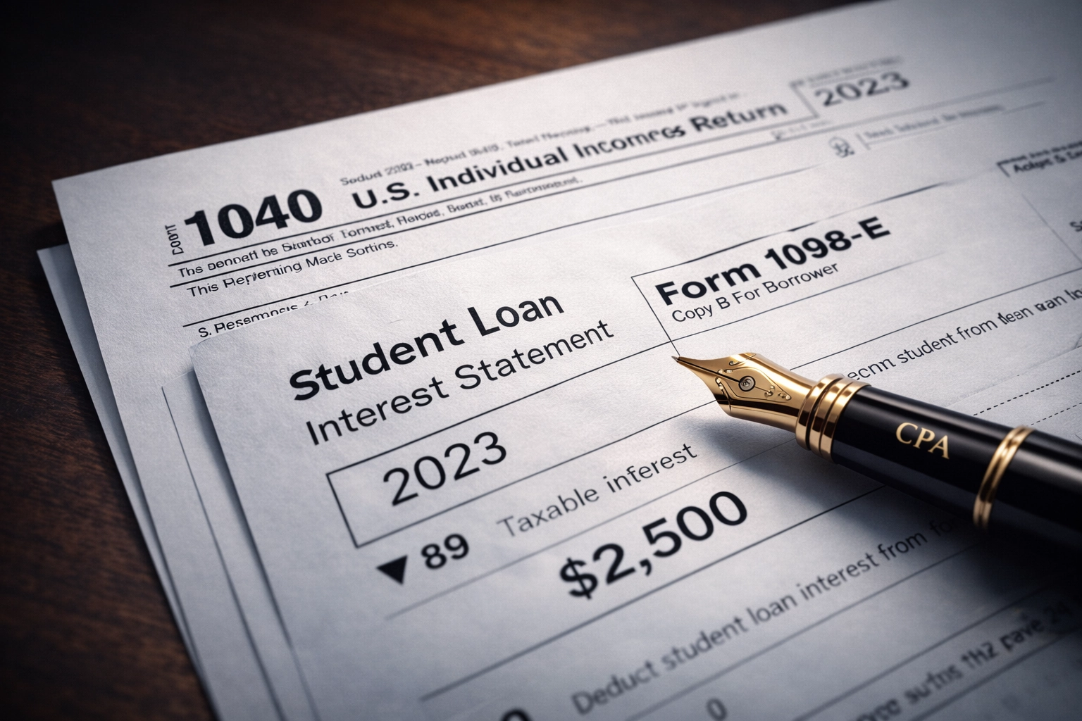 A photorealistic macro shot of IRS Form 1040 and Form 1098-E resting on a dark walnut desk. A CPA's gold fountain pen is pointing directly at the $2,500 student loan interest deduction line.