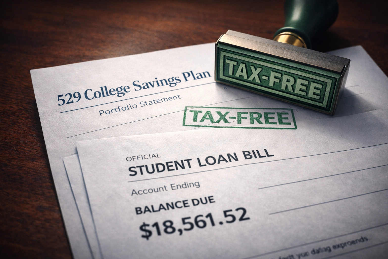 A photorealistic overhead shot of a 529 College Savings Plan portfolio statement overlaid with a student loan bill. A bold green stamp reading 'TAX-FREE' connects the two documents.
