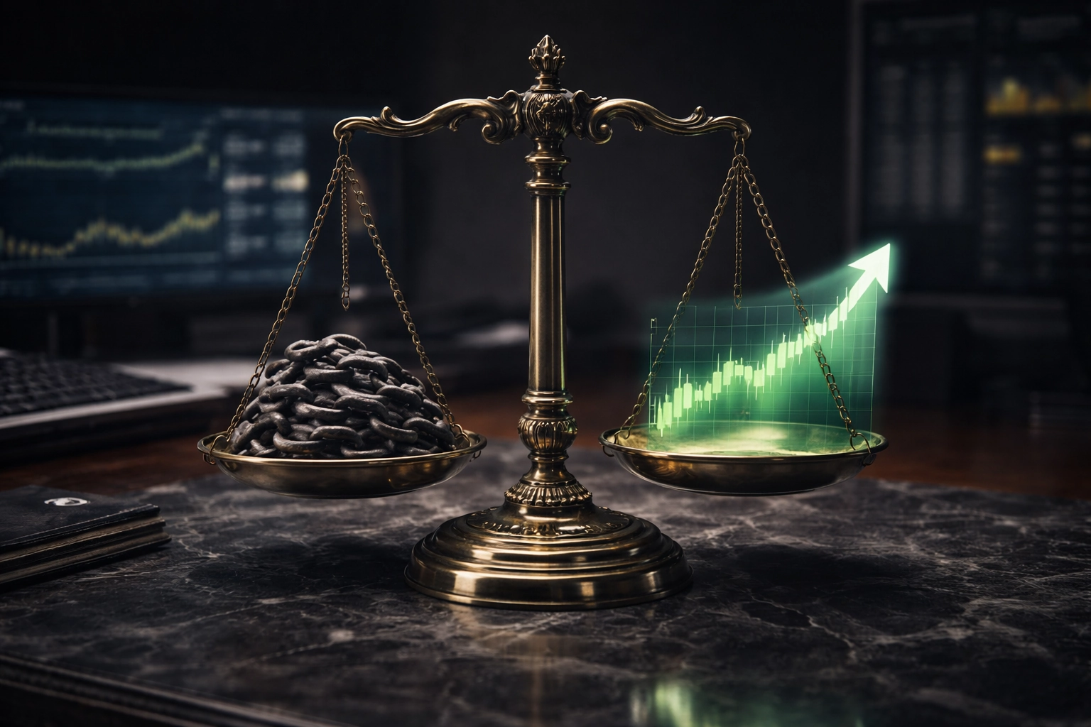 A photorealistic split-screen conceptual image of a gold scale balancing an iron chain of debt and a glowing green market chart.