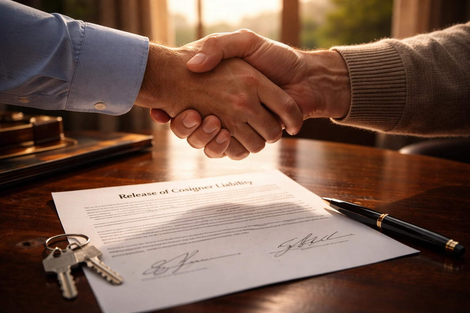 A photorealistic, elegant close-up of an adult child and an older parent shaking hands over a mahogany desk with a 'Release of Cosigner Liability' document.
