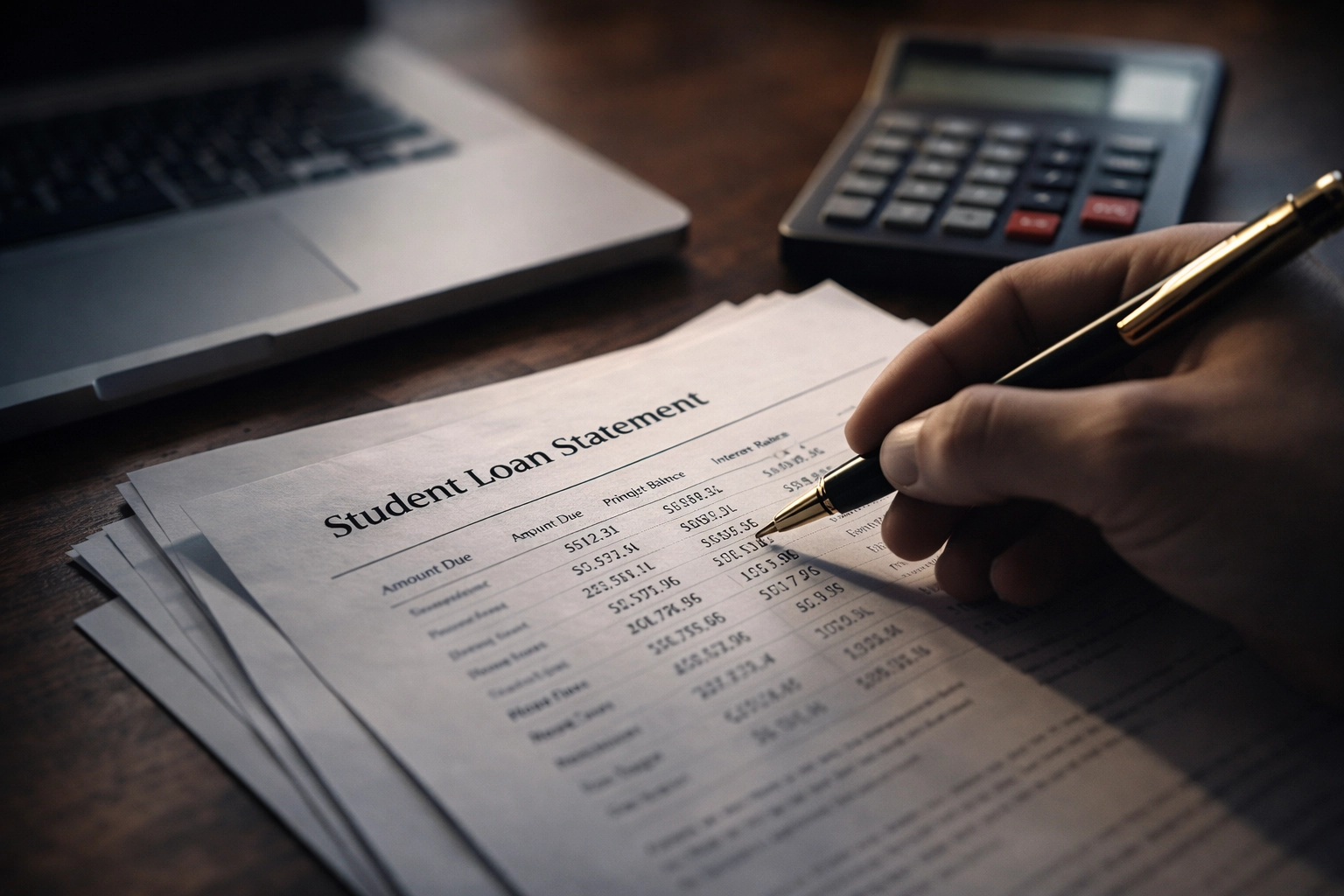 A person reviewing a student loan statement next to a laptop and calculator, highlighting the financial weight of educational debt
