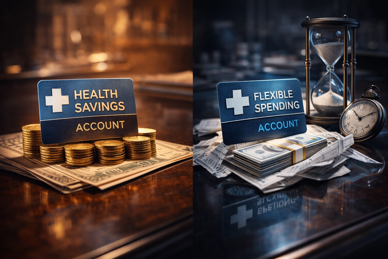 Cinematic macro photograph contrasting an HSA card growing on gold coins versus an FSA card sitting next to a running hourglass.