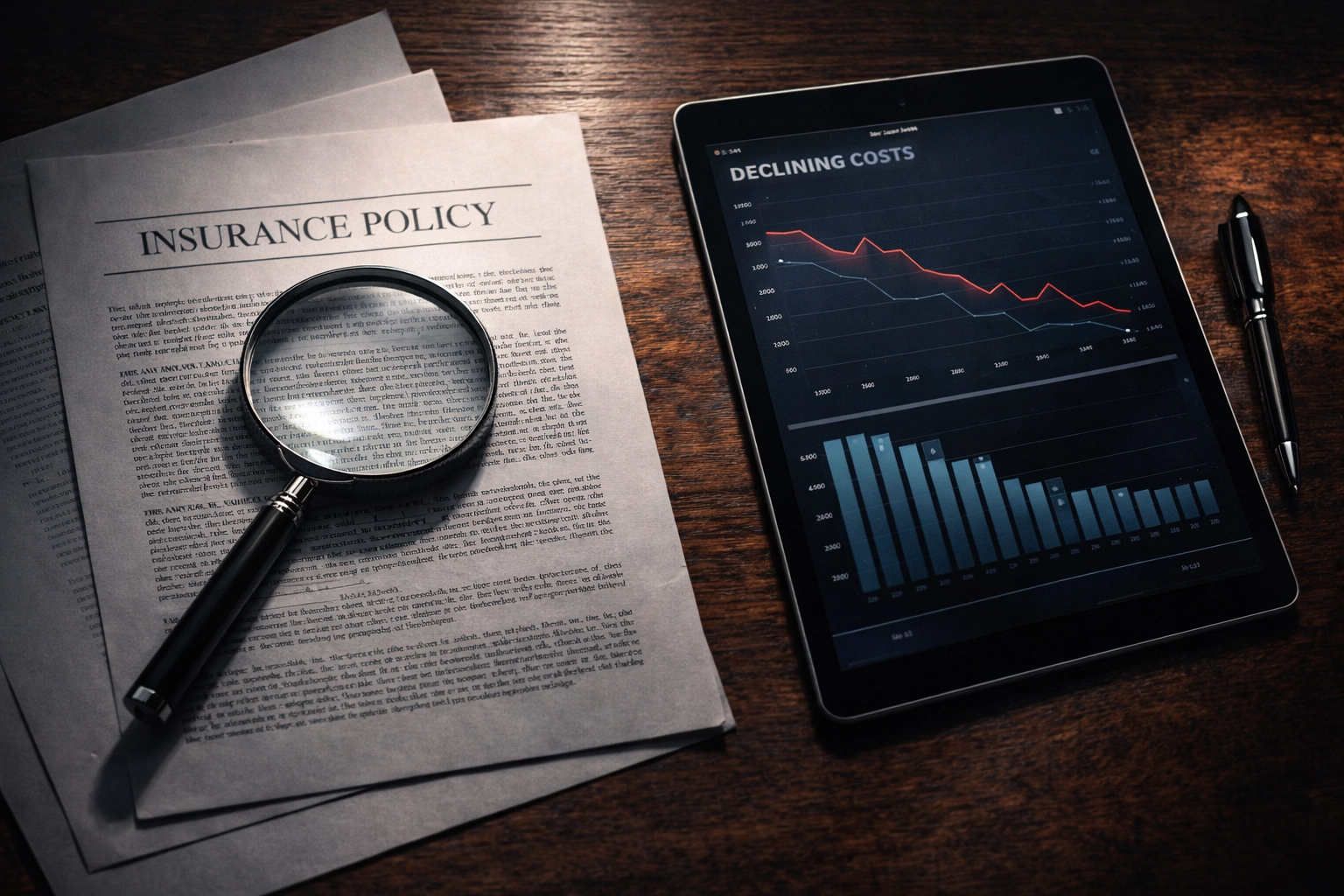 A detailed review of insurance policy documents, magnifying glass, and financial charts on a dark desk