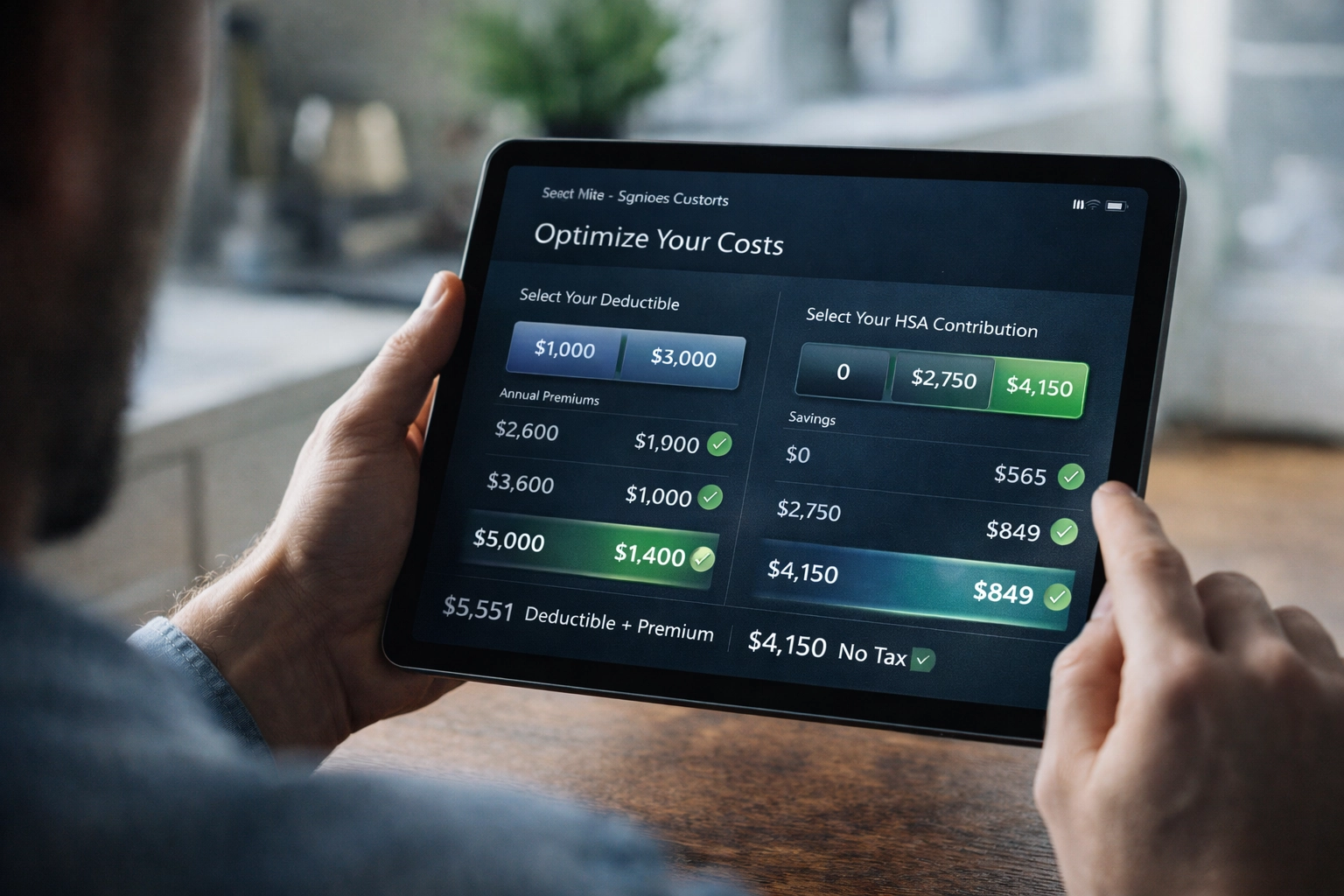 A person checking off items on a digital tablet displaying insurance deductibles and HSA contributions