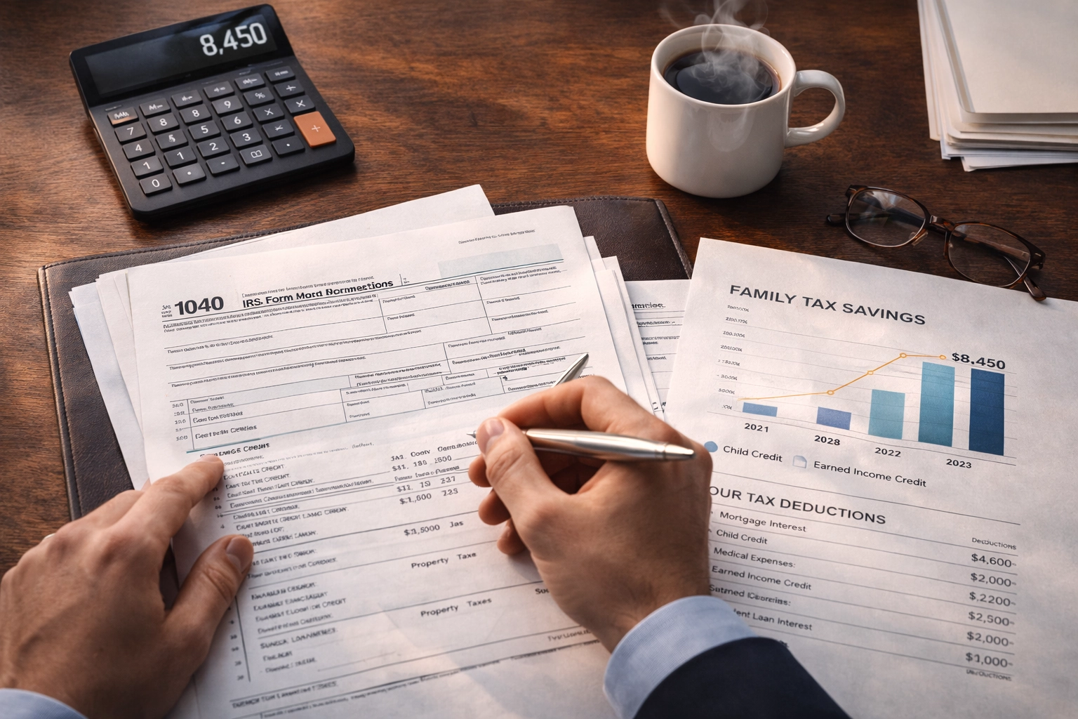 A CPA reviewing a family's tax return documents with a calculator and coffee on a professional desk