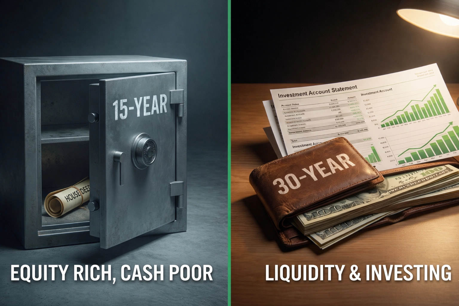 Split screen comparing a locked safe (15-year mortgage equity) vs a wallet with cash (30-year mortgage liquidity)
