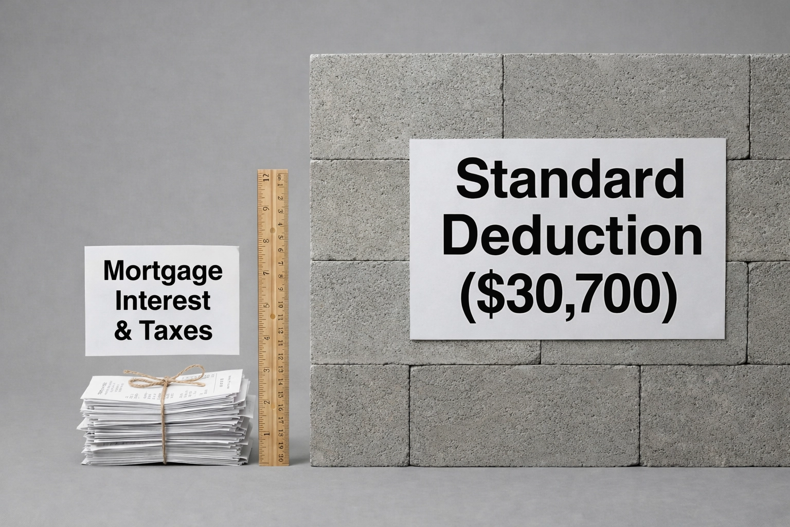 Comparison of small stack of mortgage interest receipts vs tall standard deduction wall