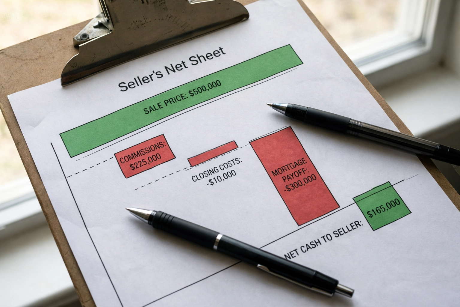 Clipboard with seller's net sheet showing waterfall chart of closing costs and final net cash