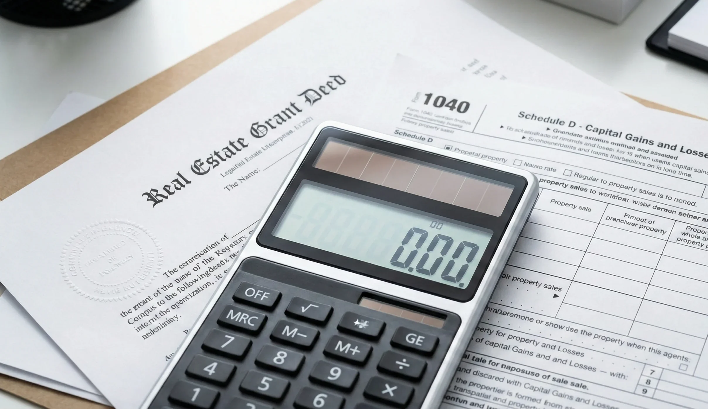 Calculator showing 0.00 on top of IRS tax forms, symbolizing zero tax due to step-up in basis