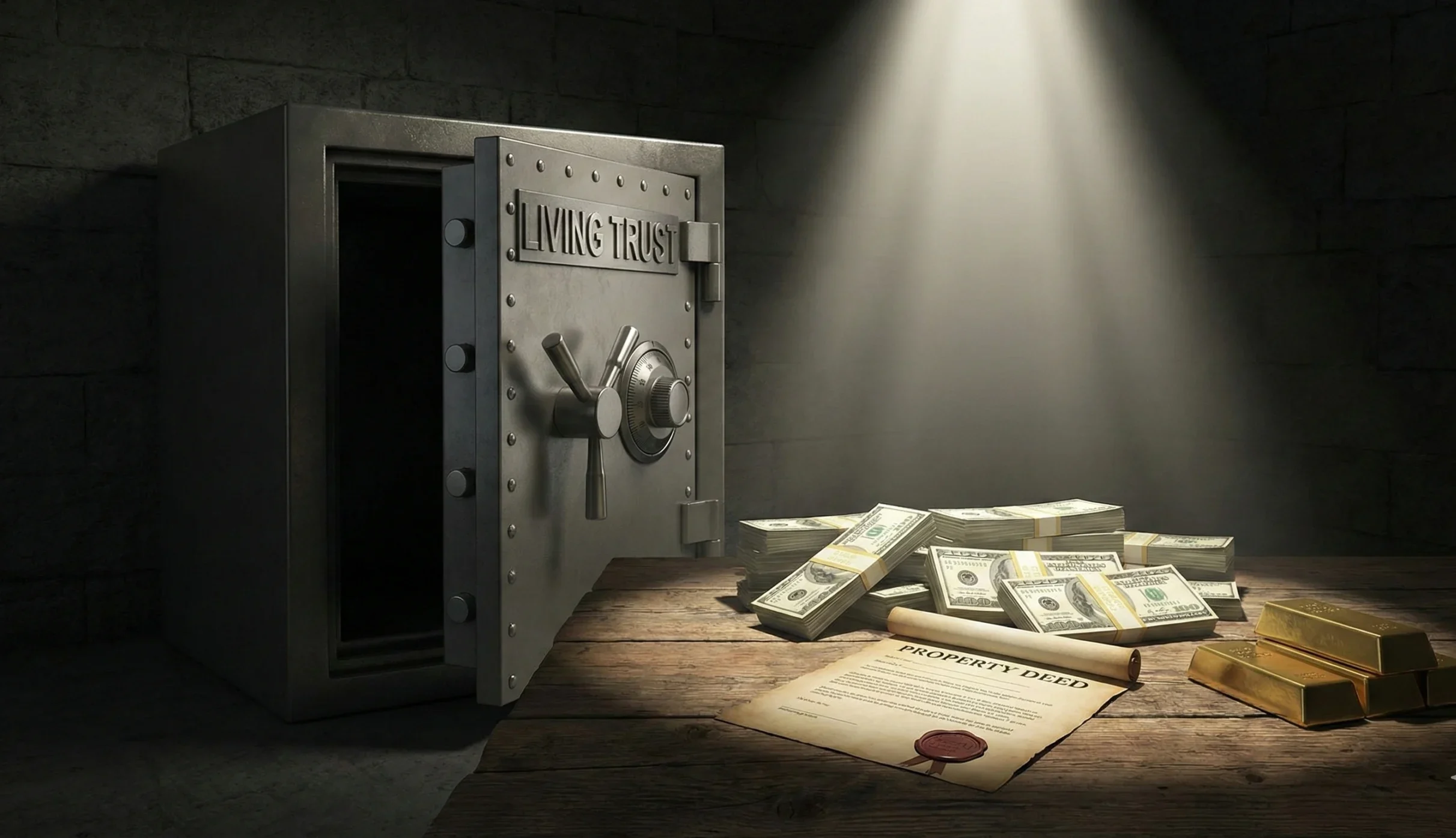 Open safe labeled Living Trust with assets like deeds and cash sitting outside, illustrating an unfunded trust