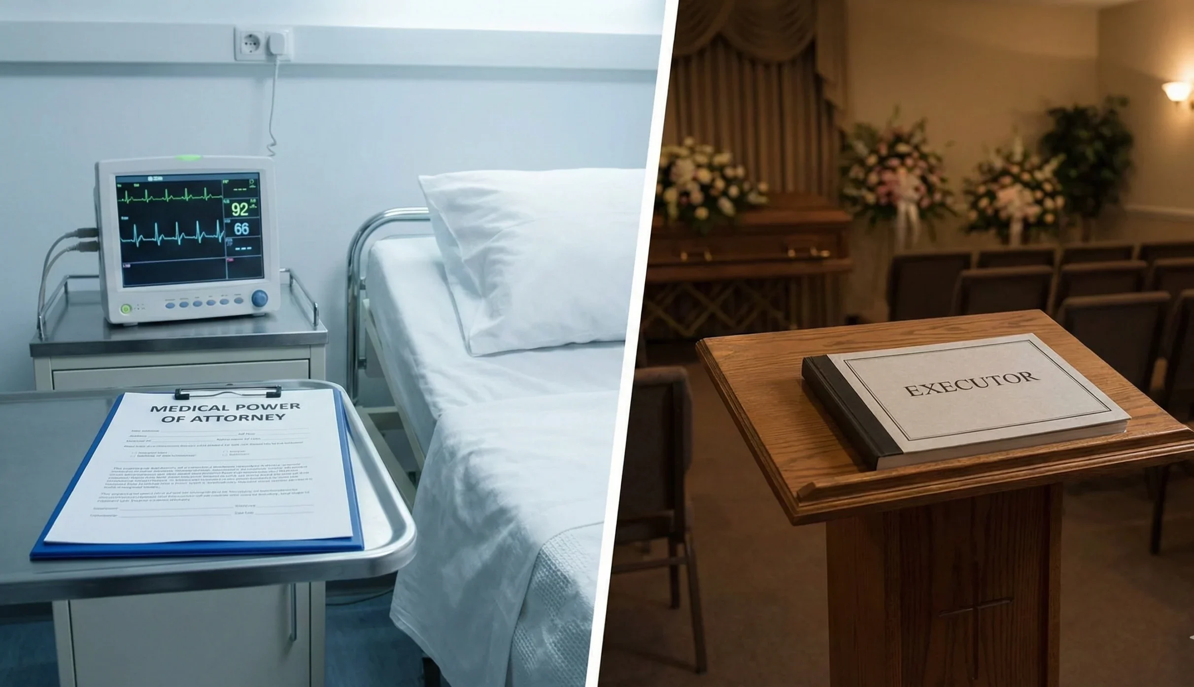 Split screen comparing Medical POA in a hospital setting vs Executor book in a funeral setting