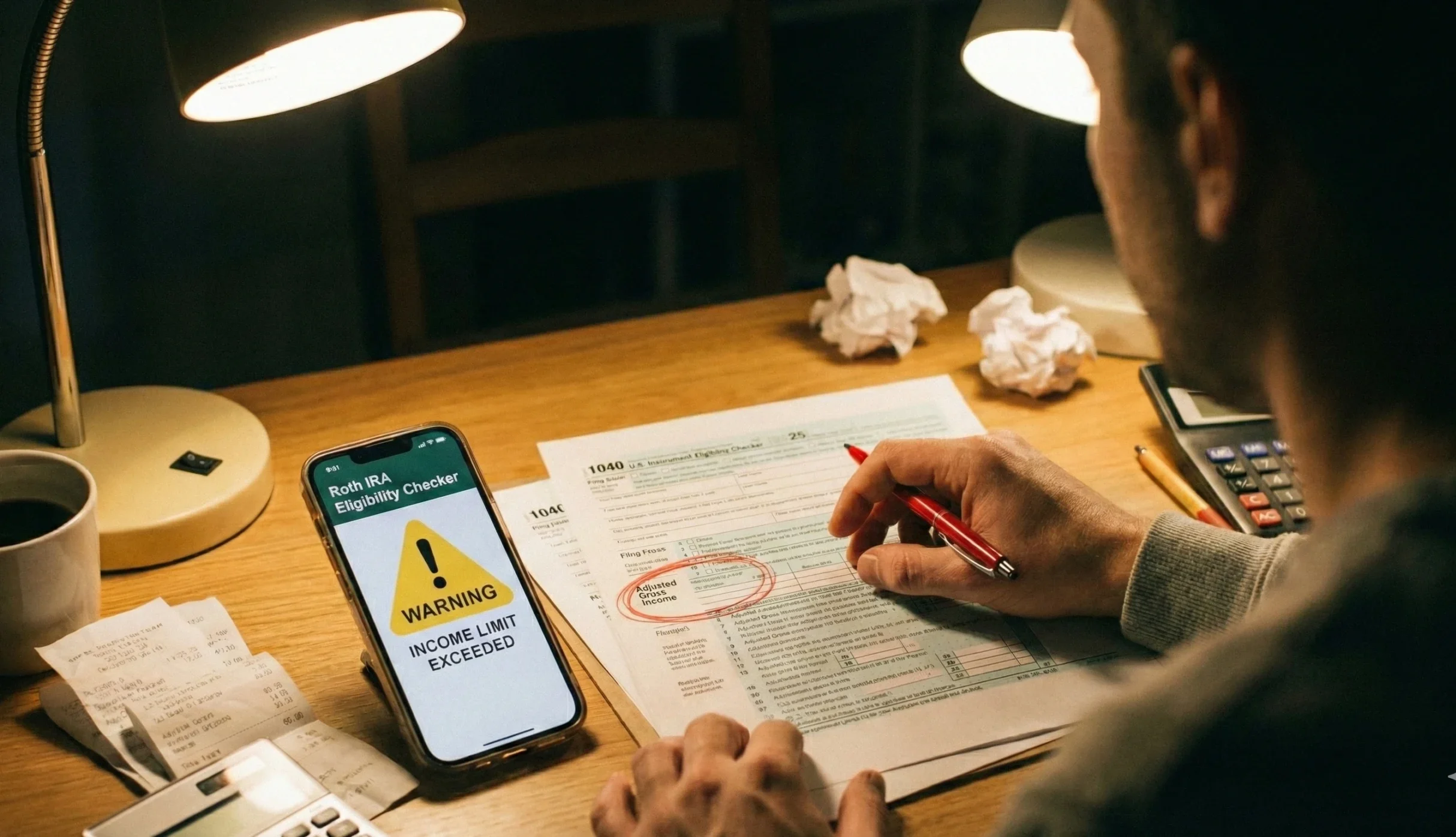 Checking Roth IRA eligibility on phone while reviewing Form 1040 tax document