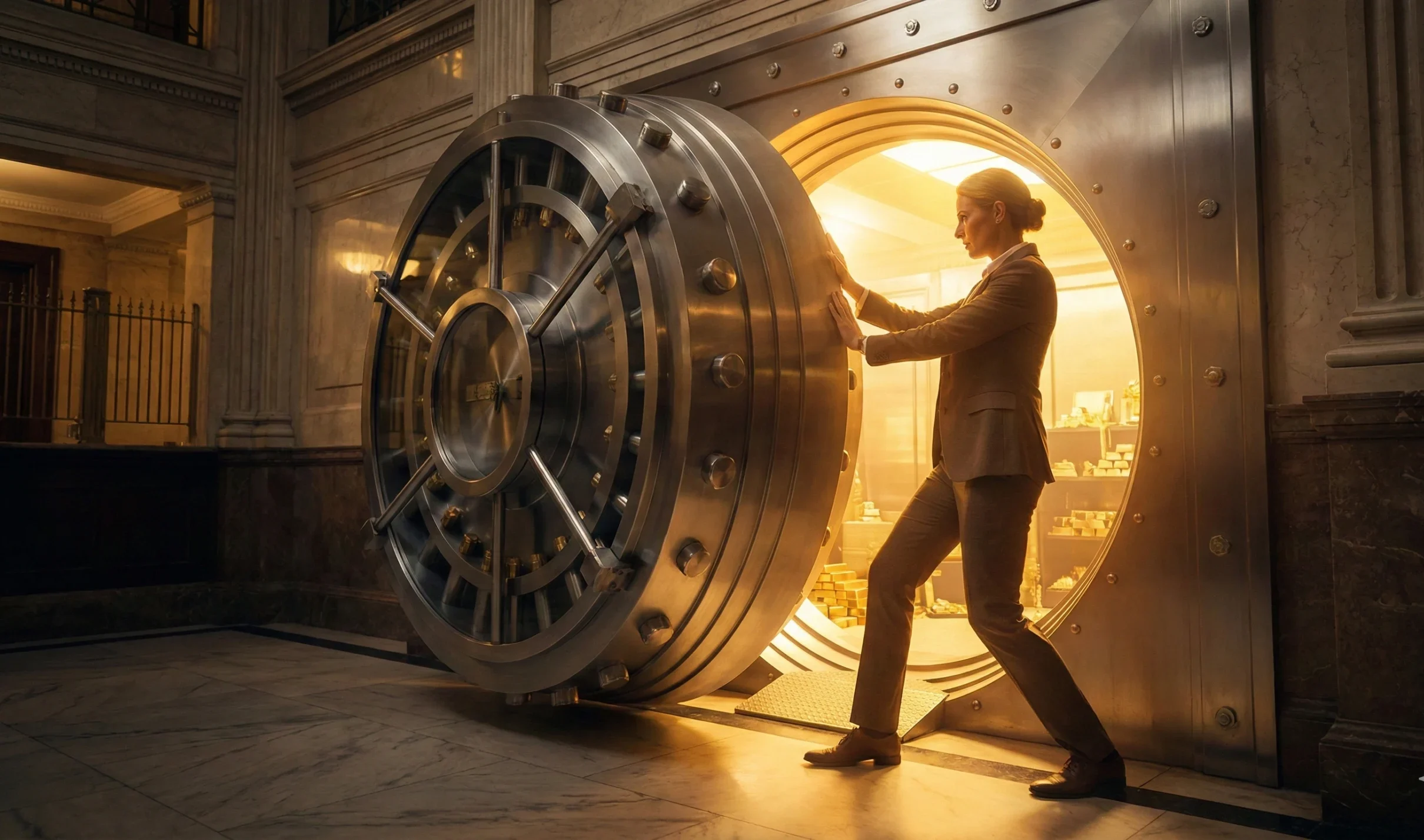 Opening a massive bank vault door representing financial freedom