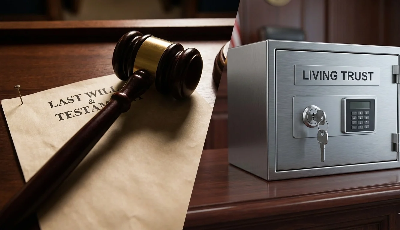 Wooden box labeled Living Trust being filled with gold coins and a miniature house, illustrating funding