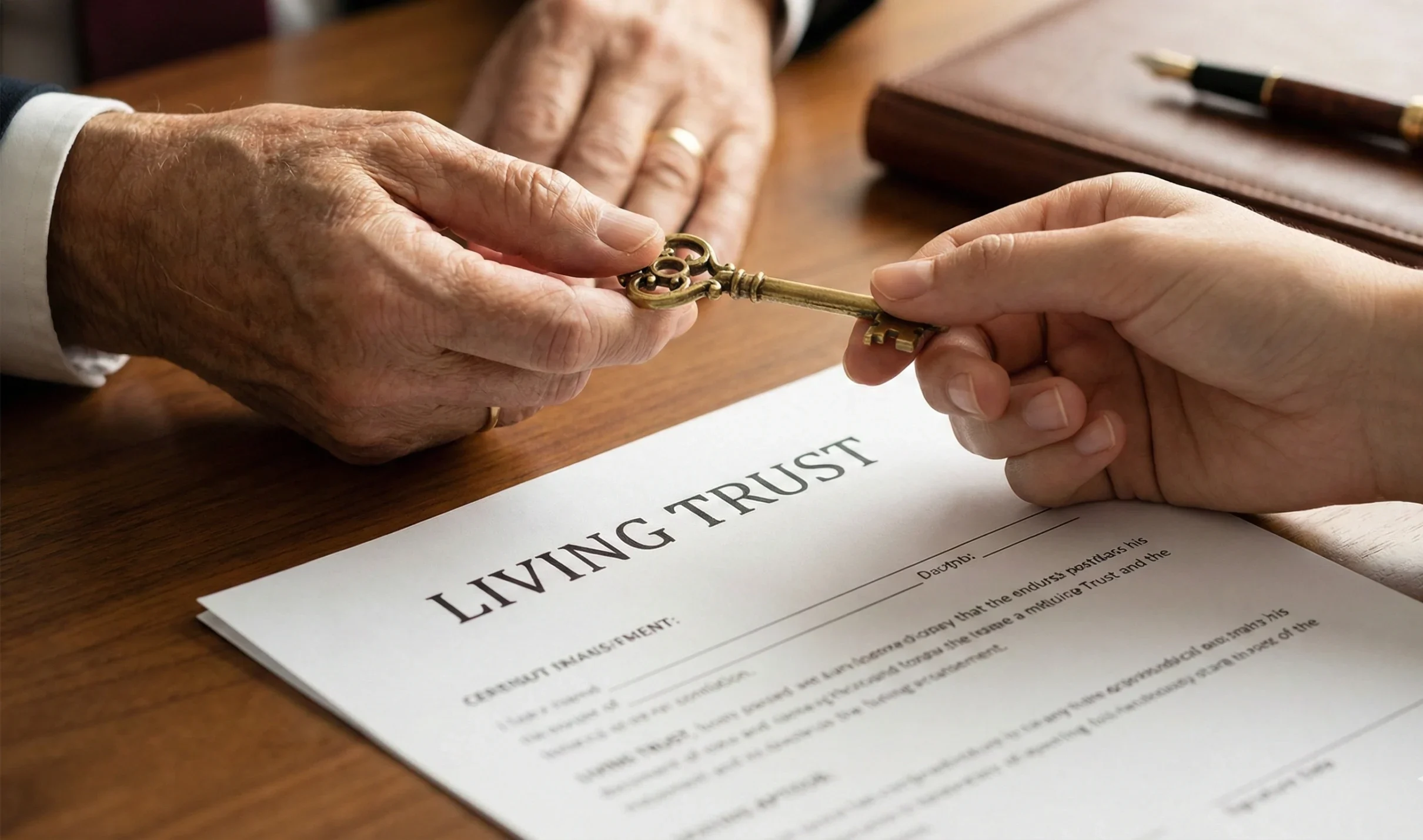 Hands passing a golden key over living trust documents representing secure transfer