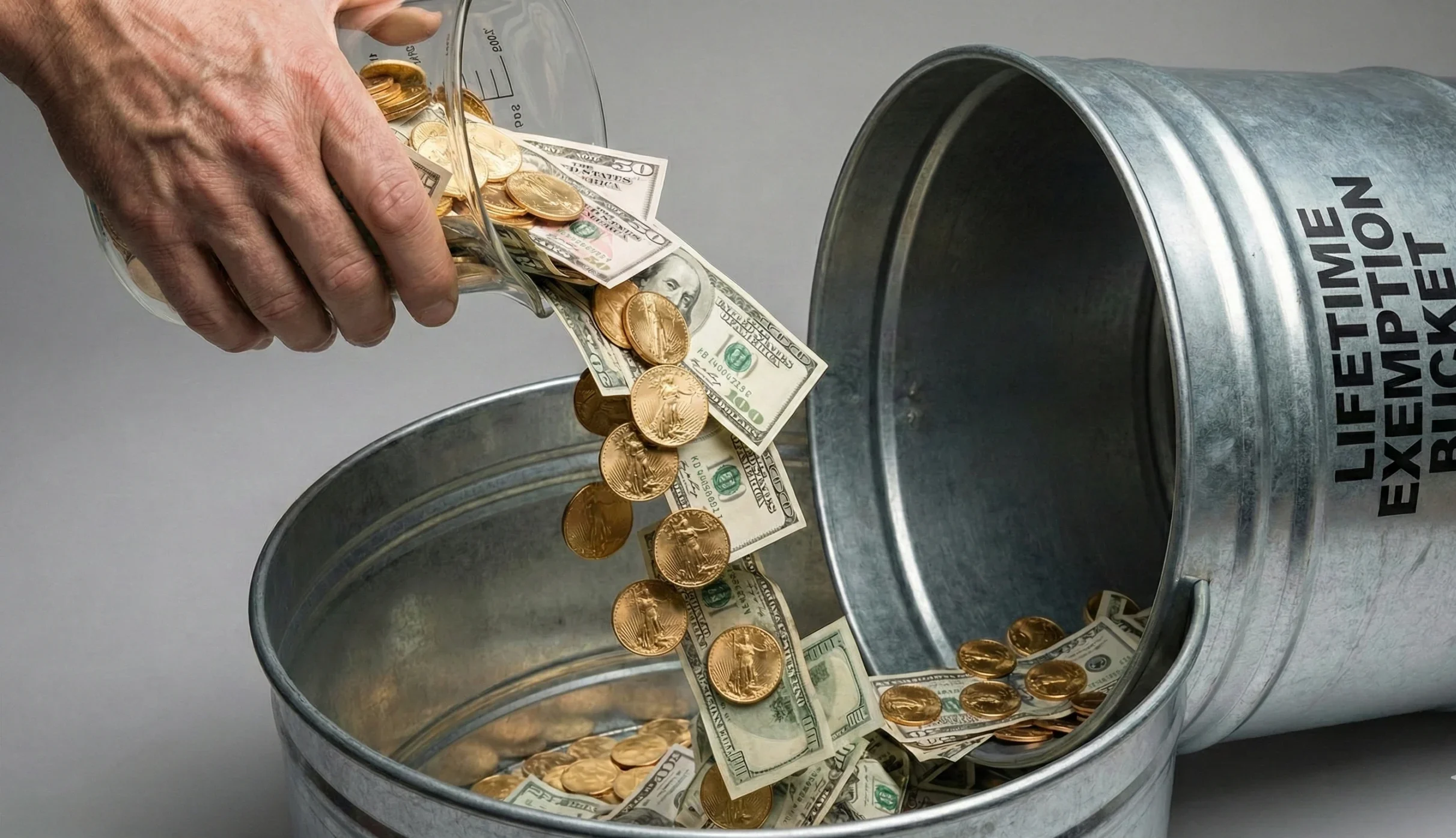 Small beaker labeled Annual Limit overflowing with money into a huge drum labeled Lifetime Exemption