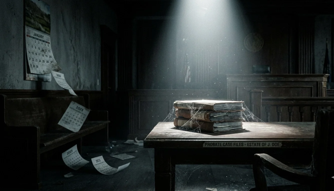 A dusty stack of legal files labeled PROBATE sitting on a table in a dark courtroom under a spotlight