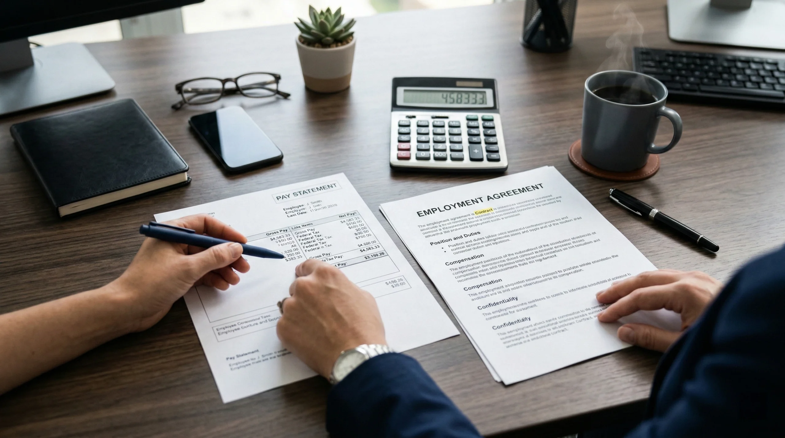 A professional reviewing a paystub and legal employment contract with a pen and calculator