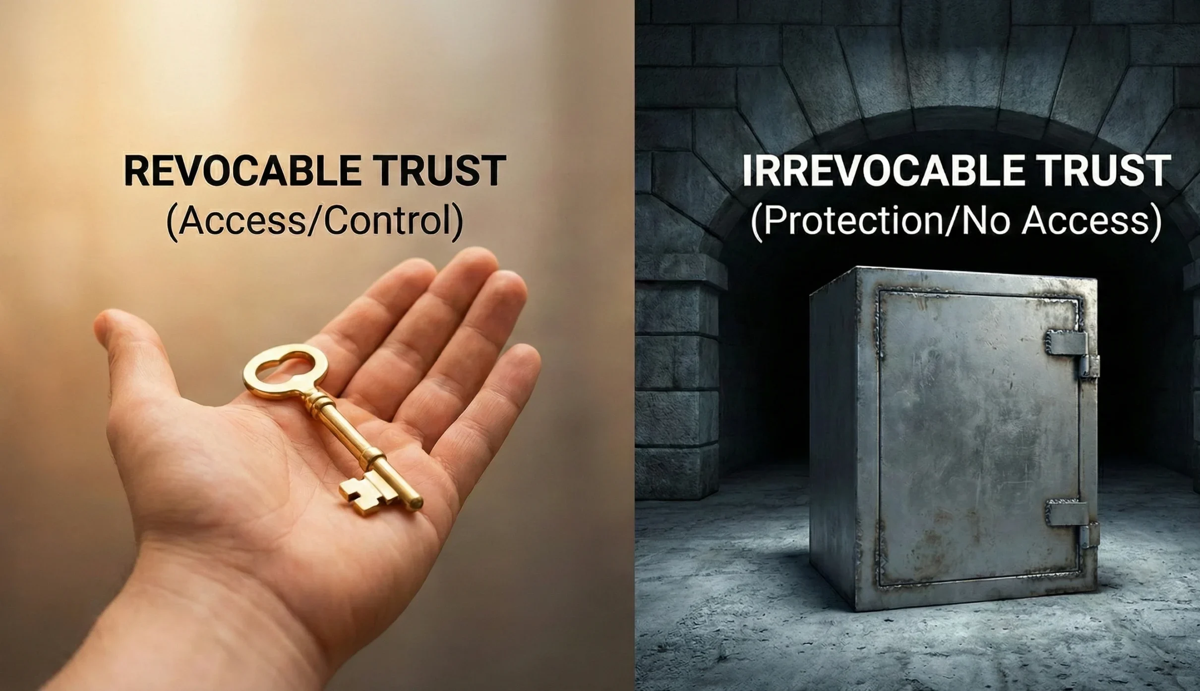 Split image showing a hand holding a key (Revocable) versus a welded safe (Irrevocable)